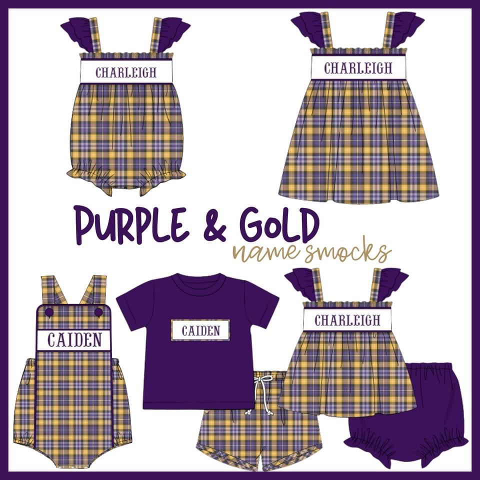 Po166-purple and gold name smocks